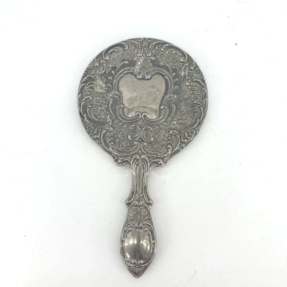 Vintage Hand Mirror Women OS Silver Ornate Floral Repousse Victorian Style